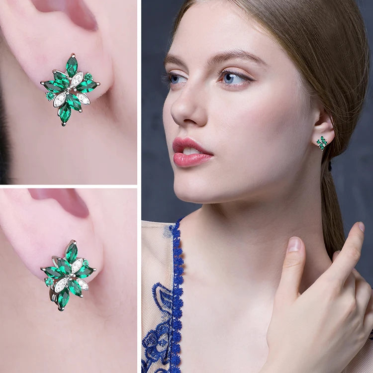 JewelryPalace Flower 2.4ct Green Simulated Nano Emerald 925 Sterling Silver Dangle Clip Earrings for Women Gemstone Jewelry