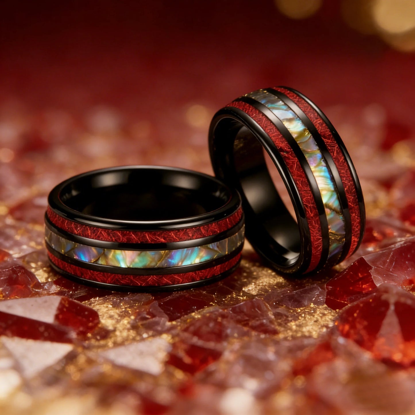 Fashion Colorful Abalone Shell and Red Meteorite Inlay Rings, 8mm Black Stainless Steel Rings for Men, Men Wedding Party Jewelry
