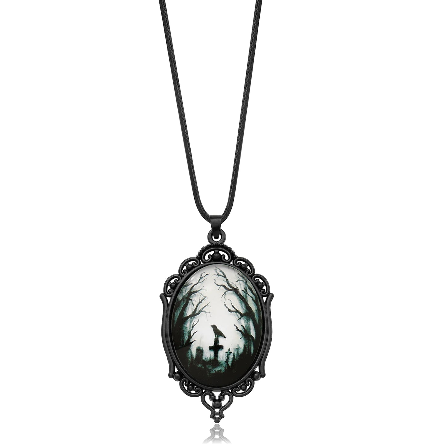 Gothic Raven Cross Glass Pendant Necklace Vintage Rope Chain Crow Choker Mystic Witch Jewelry Gift Accessories for Women Men