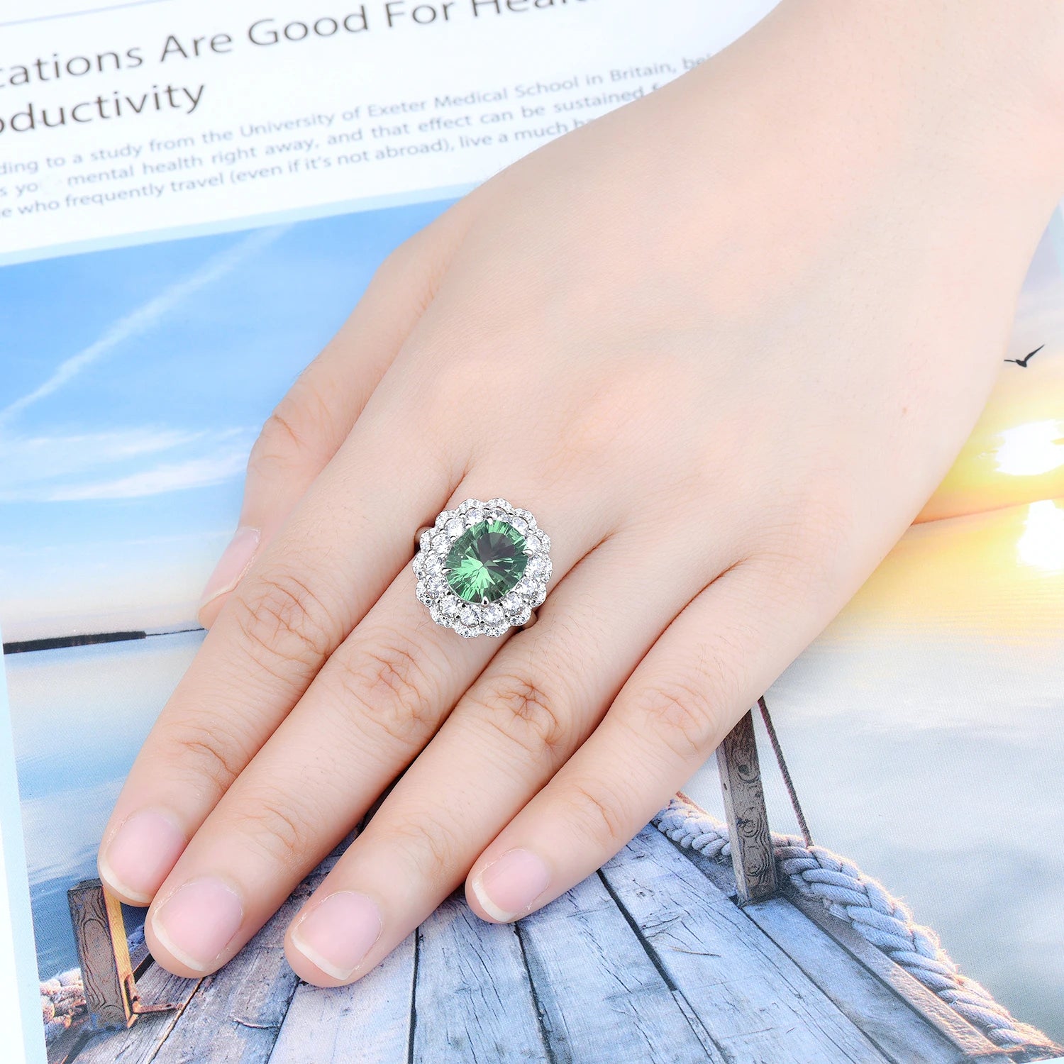 Natural Green Fluorite Solid Sterling Silver Ring 5 Carat Genuine Gemstone Exquisite Jewelry Style Women Engagement Wedding Ring