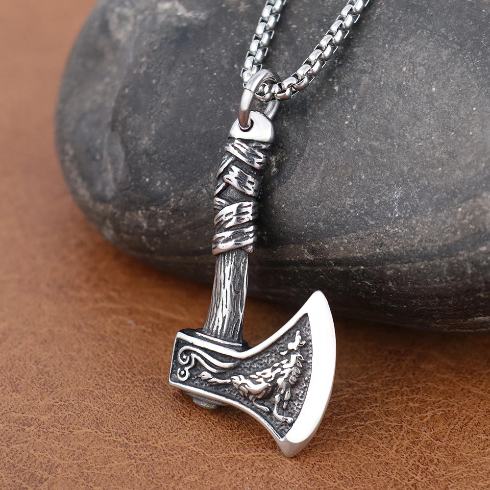 Retro Viking Wolf and Odin Crow Axe Pendant Boutique Stainless Steel Nordic Necklace for Birthday Gift Popular Jewelry