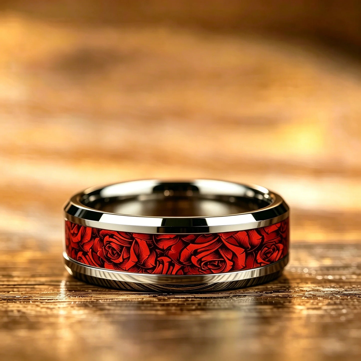 Vintage Red Rose Flower Inlaid Stainless Steel Ring High Polished Bevel Edge Wedding Band Retro Romantic Love Jewelry Gift