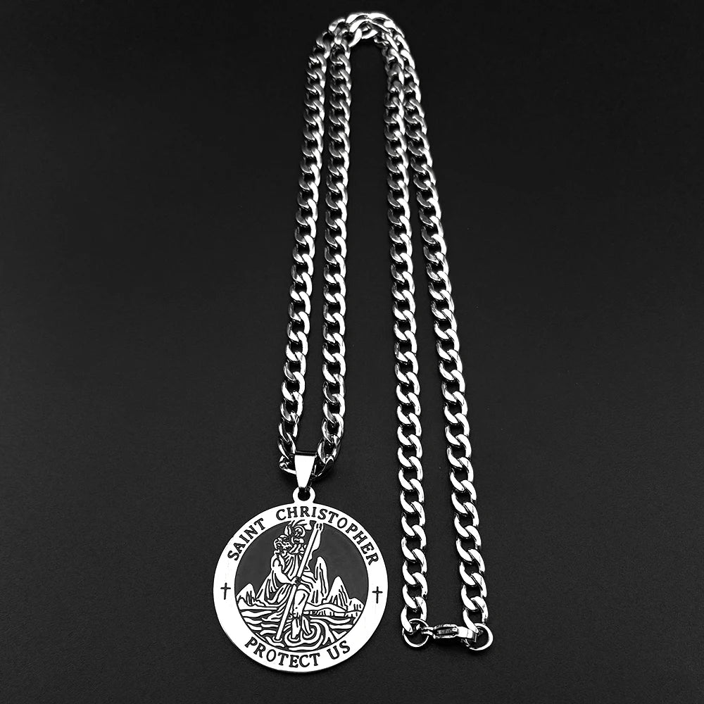 Saint Christopher Protect Us Enamel Medal Pendant Necklace for Women Men Stainless Steel Christian Chain Amulet Jewelry Gift