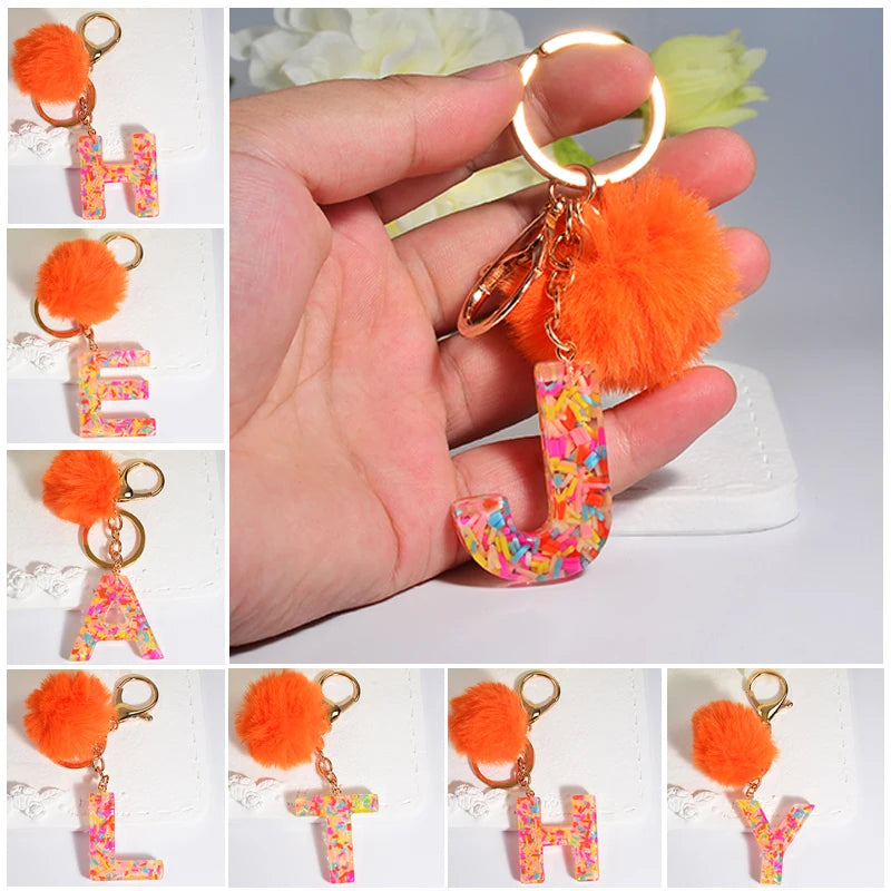 New Orange Stripe Filled Initial Letter Keychain With Orange Pom-Pom Women Girls Sweet Bag Purse Charm A-Z 26 Letters Pendant