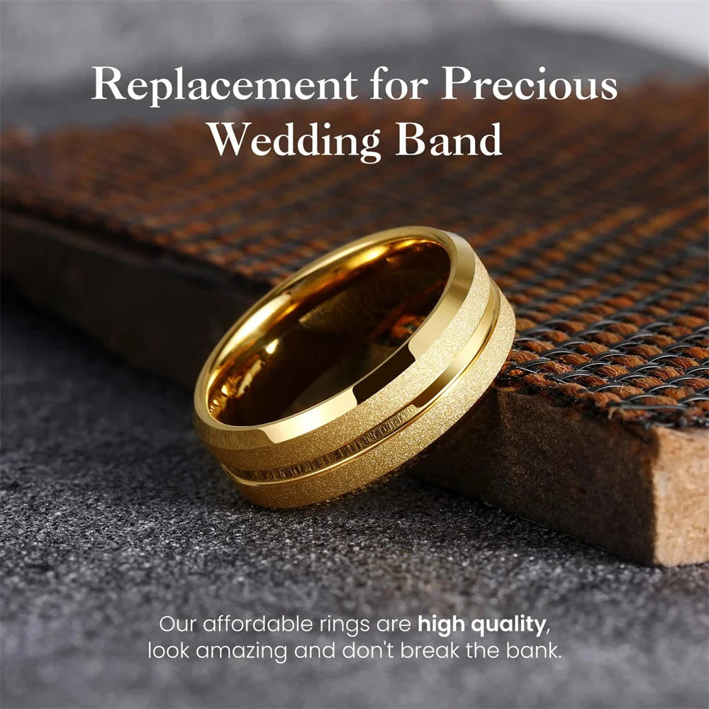 Trendy 8mm Men Frosted Stainless Steel Rings, Gold Color Brushed Groove Beveled Edge Engagement Rings For Men, Wedding Jewelry