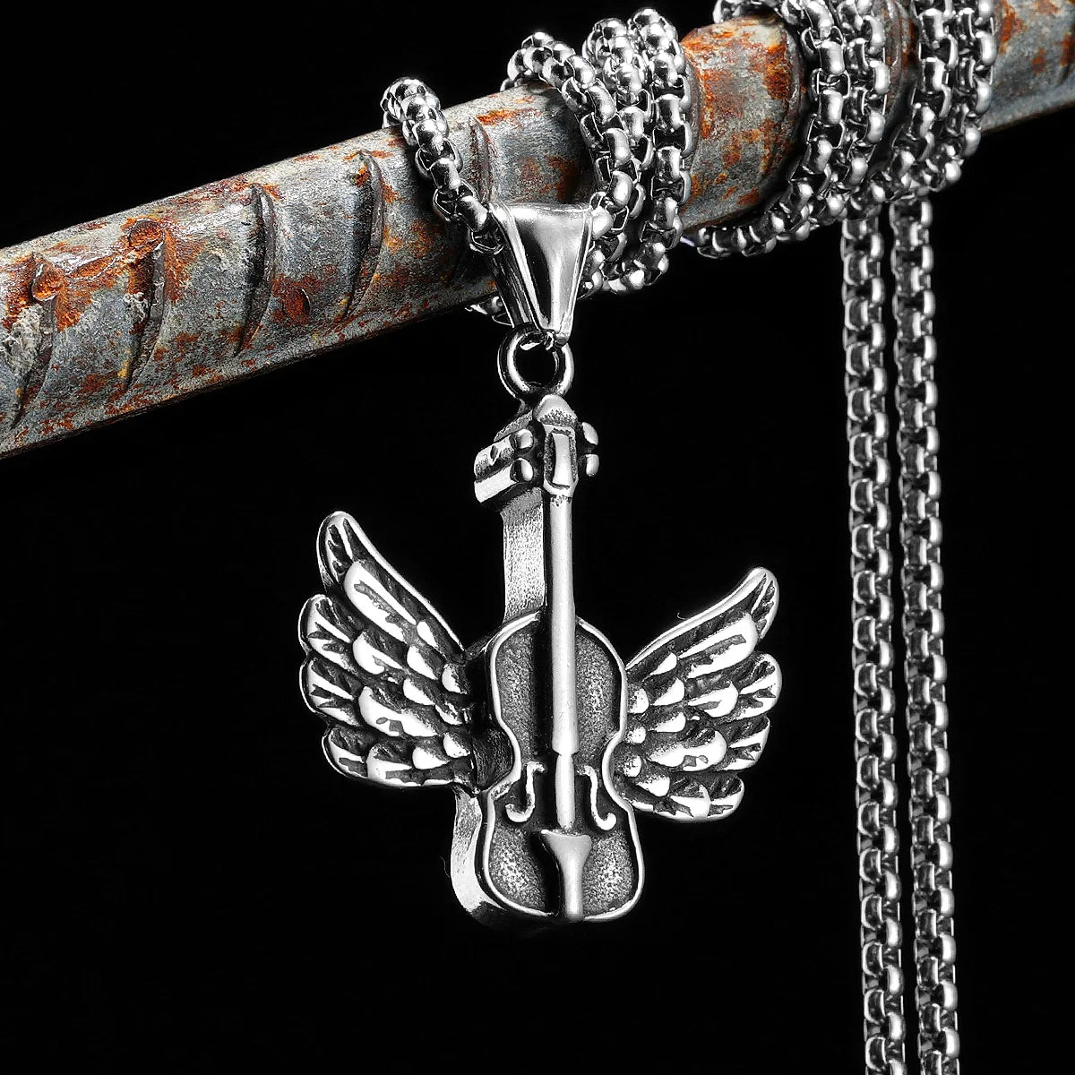 Angel Wing Violin Stainless Steel Men Necklaces Pendant Chain Punk For Women Fashion New In Jewelry Gifts Wholesale Dropshiping
