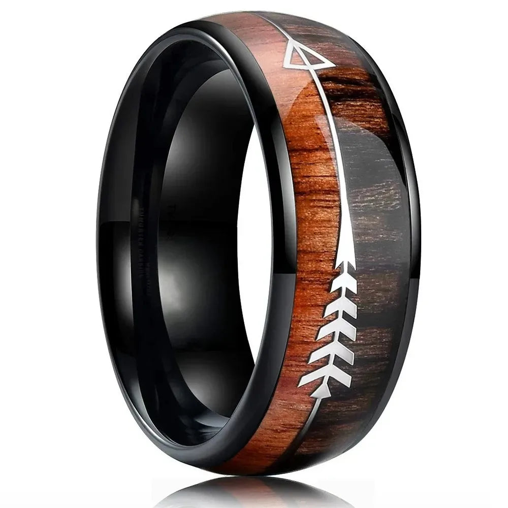 Fashion 8mm Silver Color Stainless Steel Arrow Rings for Men Women Inlaid Hawaiian Koa Wood Rings Men Wedding Band Jewelry Gifts