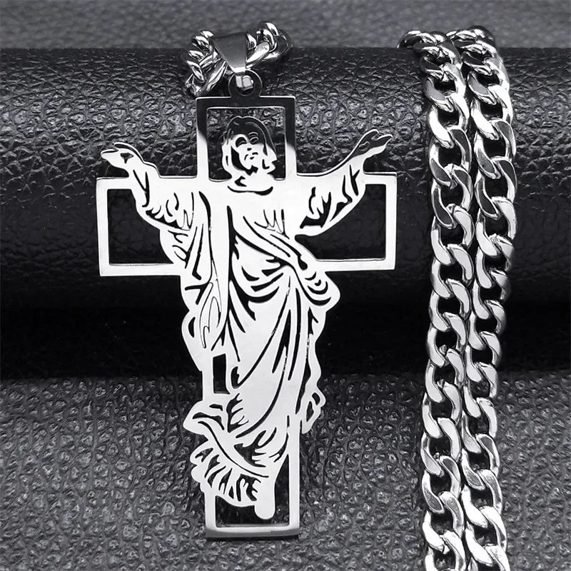 Hip Hop Punk Crown of Thorns Jesus Cross Necklace for Men Stainless Steel Gold Plated Crucifix Pendant Necklaces Jewelry N8052 E 60cm NK SR