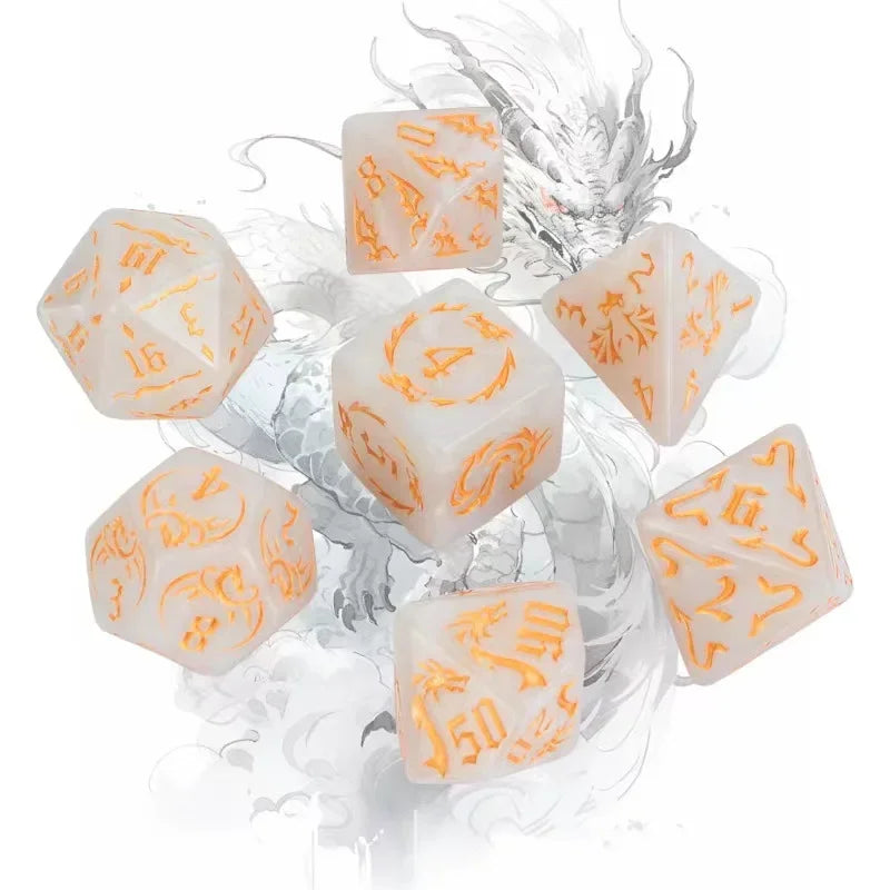 New 7pcs/set Dragon Element Polyhedral Dice Set Number Dice Kit for Dnd COC Cthulhu TRPG Running Team Table Game Dnd Dice Set White