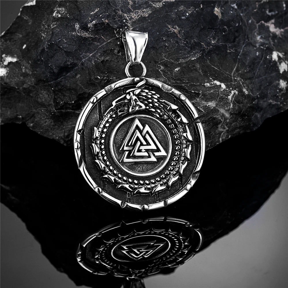 Vikings Ouroboros Dragon Necklace Men Stainless Steel Norse Runes Triangle Pendant Amulet Scandinavian Jewelry Vintage Male Gift