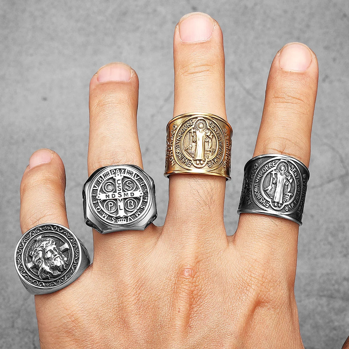 Catholic Saint Benedict Exorcism Amulet  Men Rings Stainless Steel Women Jewelry Vintage Punk Fashion Accessories Gift Wholesale