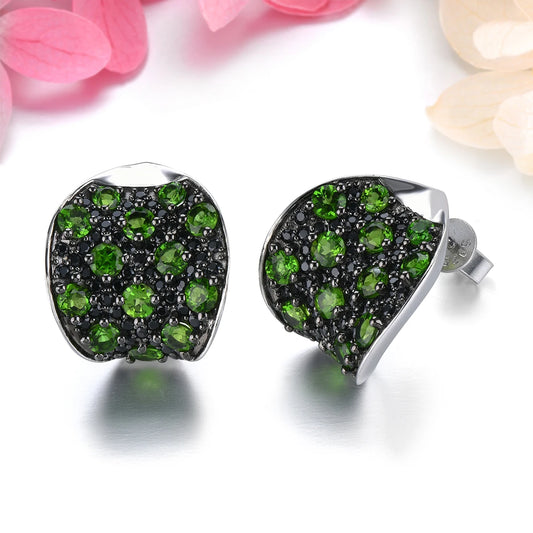Natural Diopside Black Spinel Solid Sterling Silver S925 Stud Earring 4.8 Carats Gemstone Design Women Annviersary Gifts