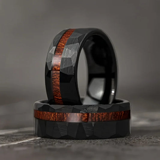 Fashion 8MM Black Tungsten Hammered Stainless Steel Rings For Men Women With Koa Wood Inlay Rings Men Wedding Party Jewelry Gift