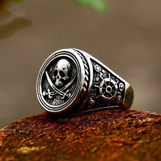 Vintage Pirate Signet Double Knife Skull Rings Men Stainless Steel Viking Compass Ring Biker Amulet Jewelry Gift Drop Shipping