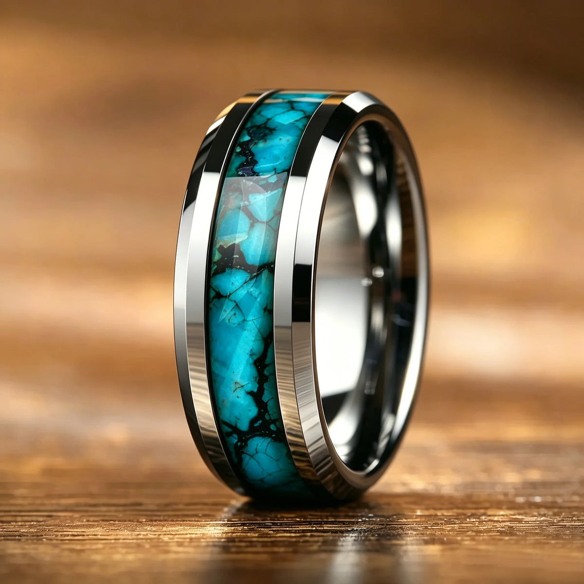 With Koa Wood Inlay Rings for Men Fashion 8mm Hammered Silver Color Men Stainless Steel Rings Wedding Band Jewelry Wholesale
