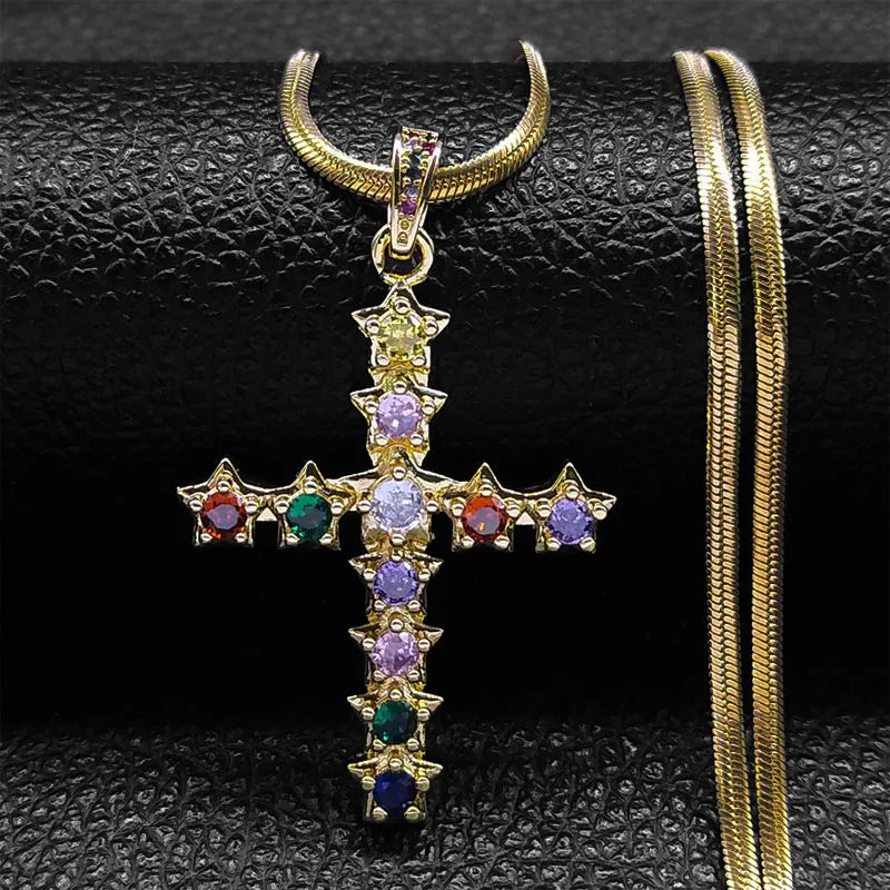 Vintage Shiny Zircon Jesus Cross Religious Amulet Necklace Women Stainless Steel Clavicle Snake Chain Choker Necklaces Jewelry