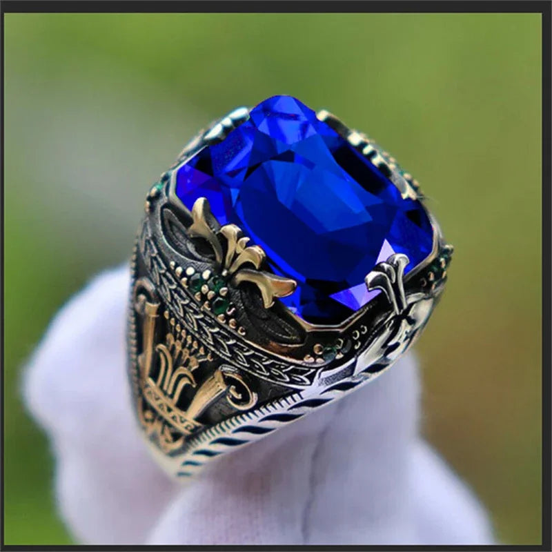 Inlaid Emerald Men's Luxury Ring Personality Retro Domineering Gem Sapphire Ring To Attend The Banquet Party Business Jewelry