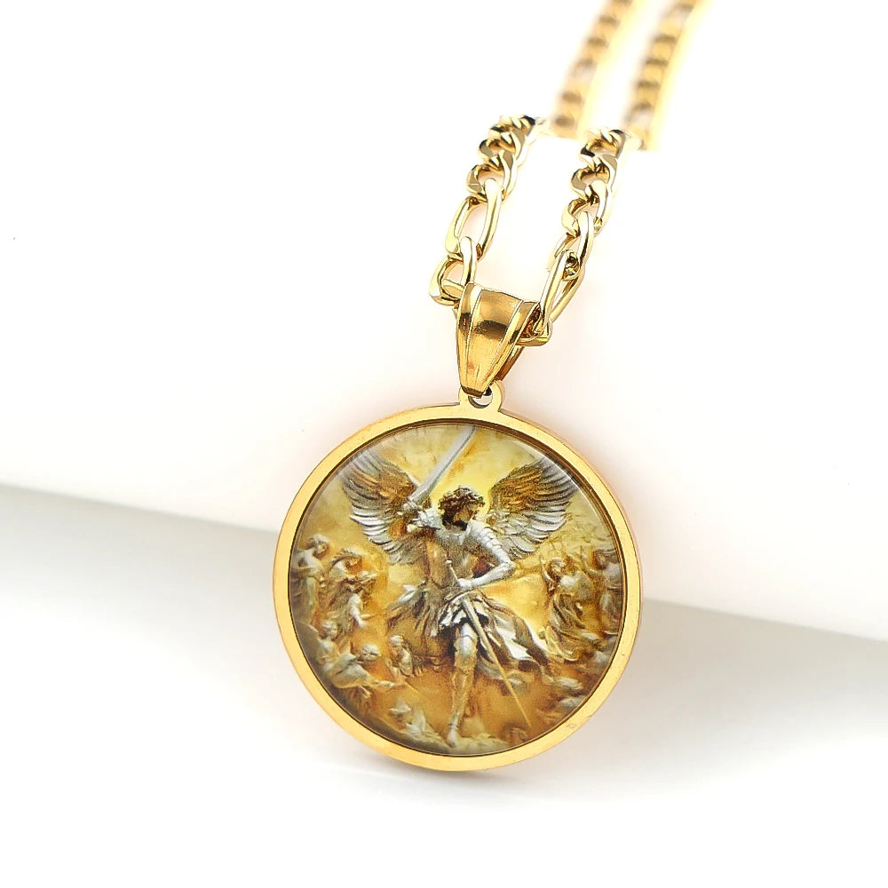 Archangel SAINT MICHAEL PROTECT US Glass Cabochon Medal Pendant Necklace Stainless Steel Gold Plated Christian Amulet Jewelry
