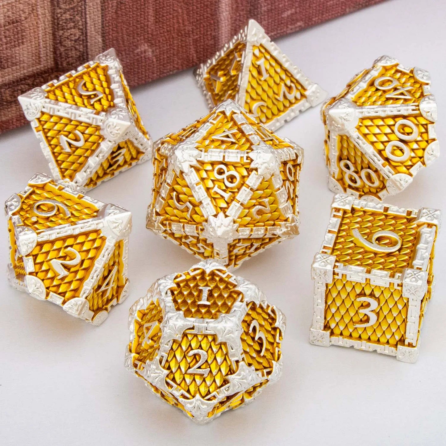 DND Metal Dice Set Dragon Scale D&D Dice Dungeon and Dragon Role Playing Games Black Green Polyhedral Dice RPG D and D Dice Silver Yellow