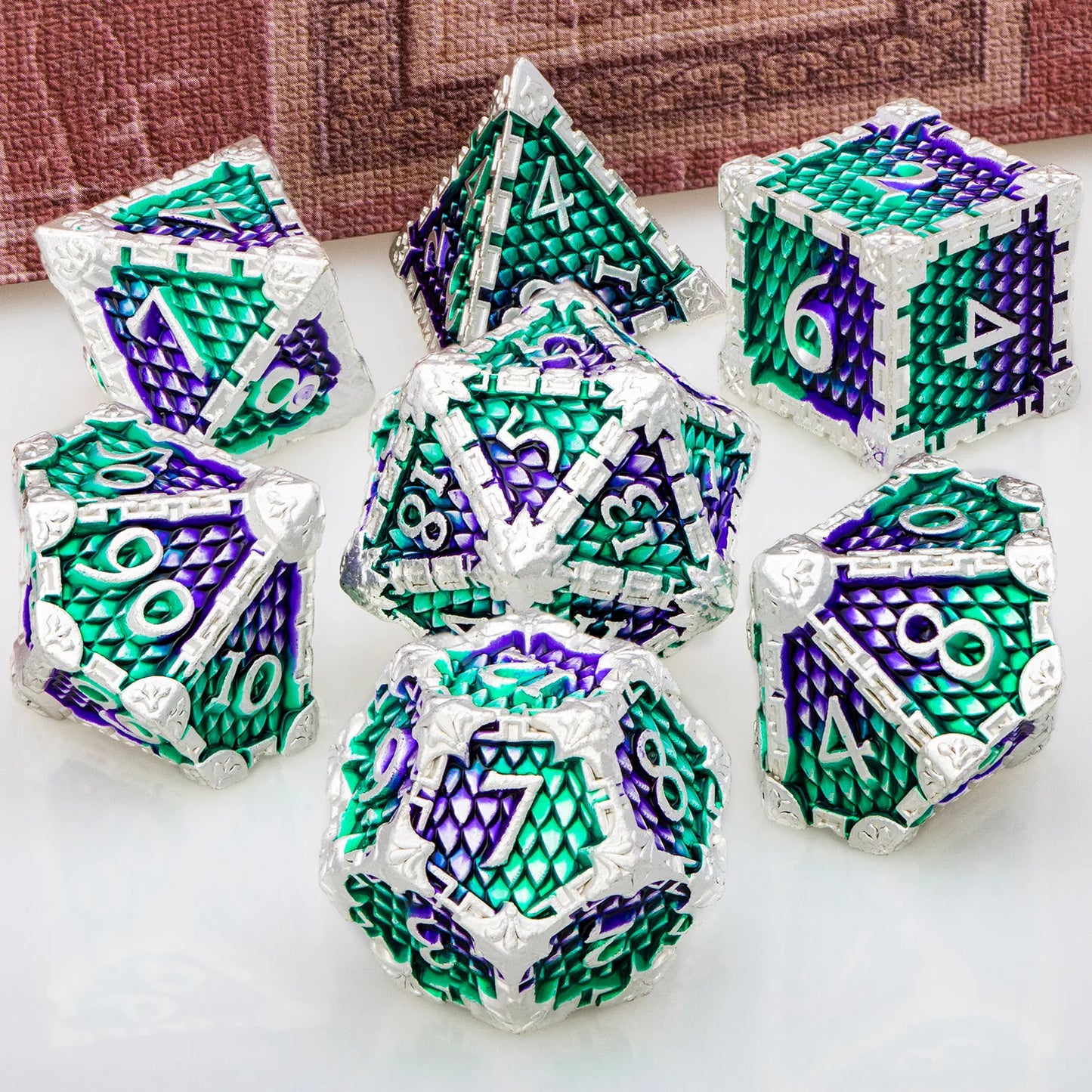 DND Metal Dice Set Dragon Scale D&D Dice Dungeon and Dragon Role Playing Games Black Green Polyhedral Dice RPG D and D Dice Silver-Green Purple