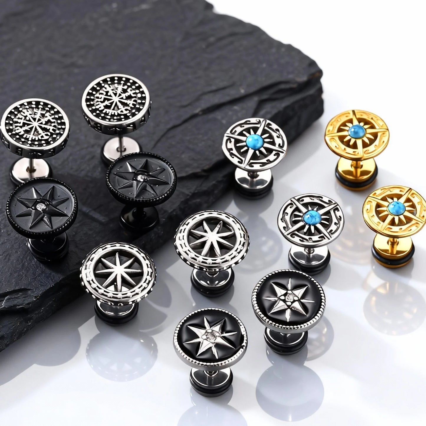 Vintage Men's Compass Stud Earrings,Stainless Steel Eight-pointed Star Round Metal Stud Earrings,Trendy Classic Jewelry Gifts