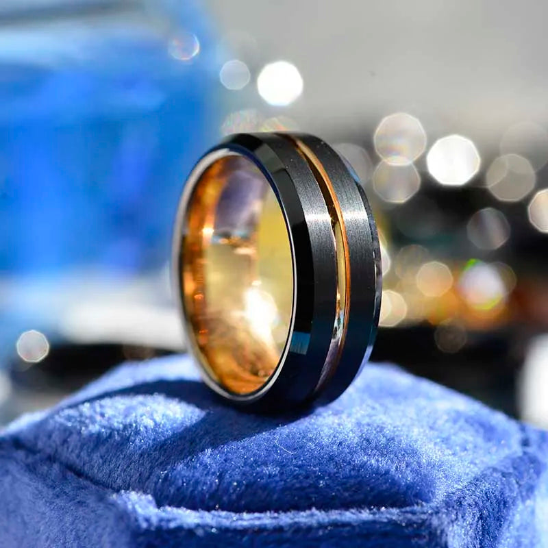 Trendy 8mm Rose Gold Color Groove Beveled Edge Titanium Men Wedding Rings Black Brushed Stainless steel Ring Men's Wedding Band