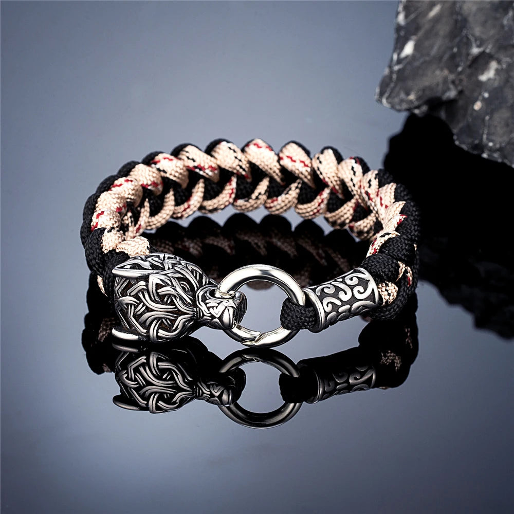 Vintage Norse Runes Celtic Wolf Survival Rope Bracelets Men Handmade Outdoor Stainless Steel Lanyard Wristband Vikings Jewelry Steel Khaki