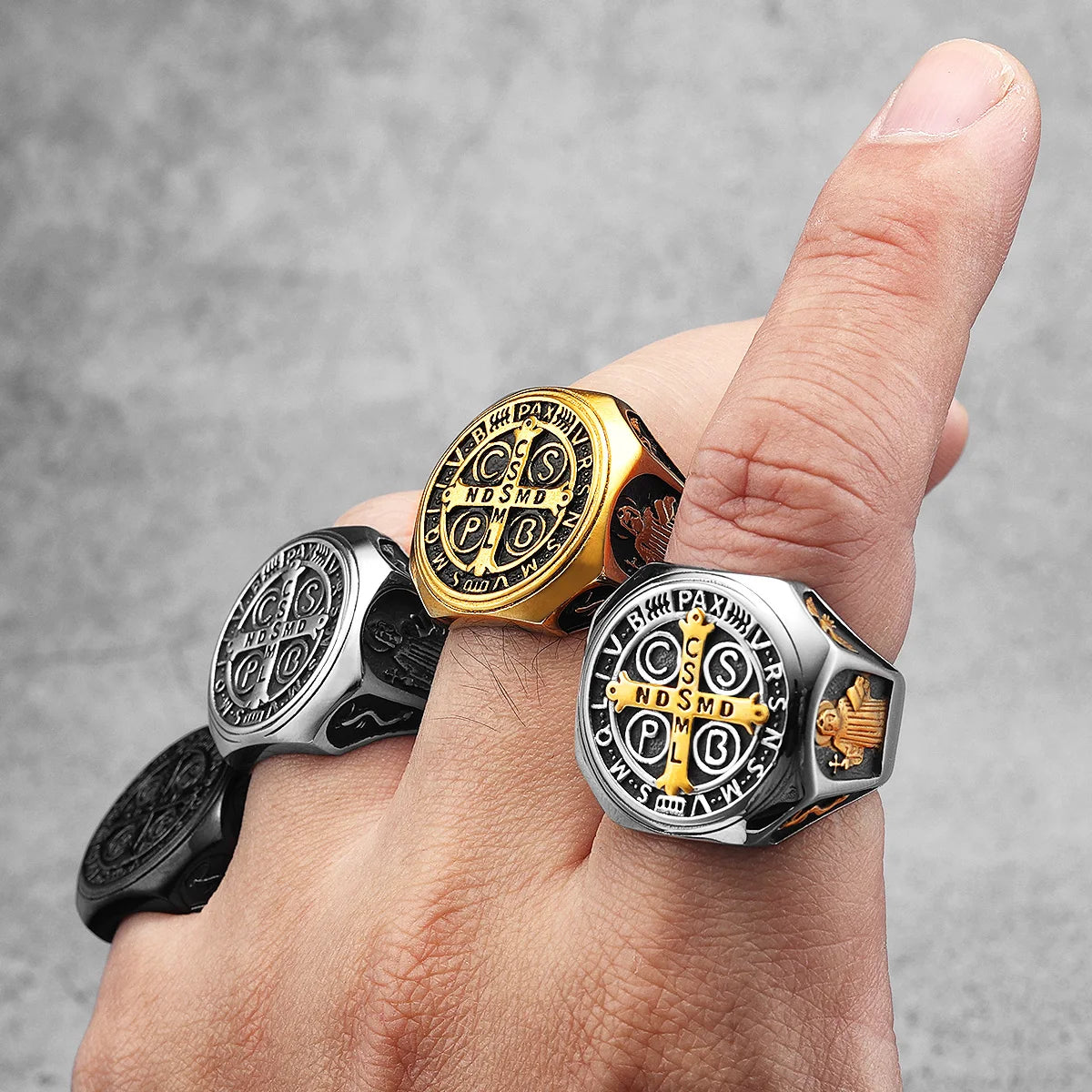 Catholic Saint Benedict Exorcism Amulet  Men Rings Stainless Steel Women Jewelry Vintage Punk Fashion Accessories Gift Wholesale