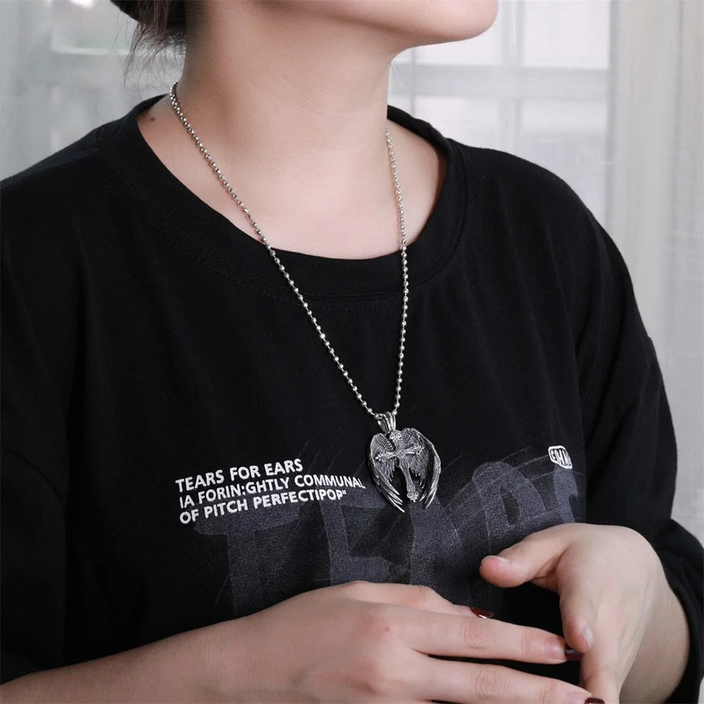 Vintage Angel Wings Cross Necklace For Women Men Trend Punk Feather Guard Pendant Sweater Chain 2024 New Jewelry Wholesale