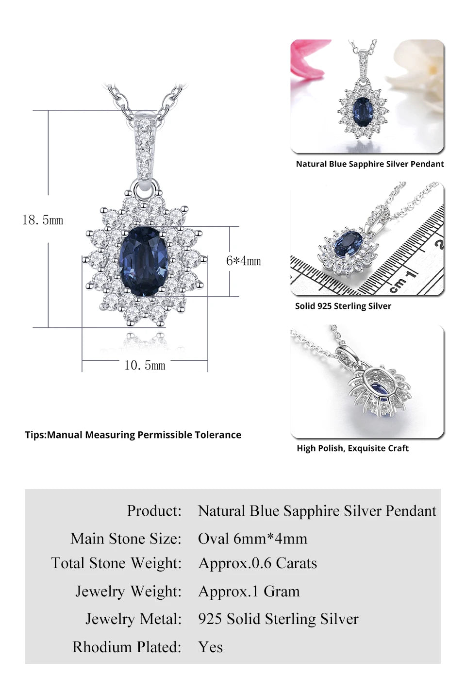 Natural Blue Sapphire Solid Sterling Silver Rhodium Pendants 0.6 Carats Genuine Precious Gemstone Classic Luxury Fine Jewelrys