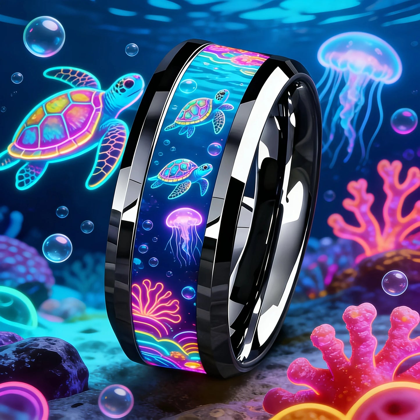 Cute Ocean-Themed 8mm Men Stainless Steel Ring with Dreamy Sea Jellyfish Pattern Inlay Rings for Teenager Wedding Party Jewelry
