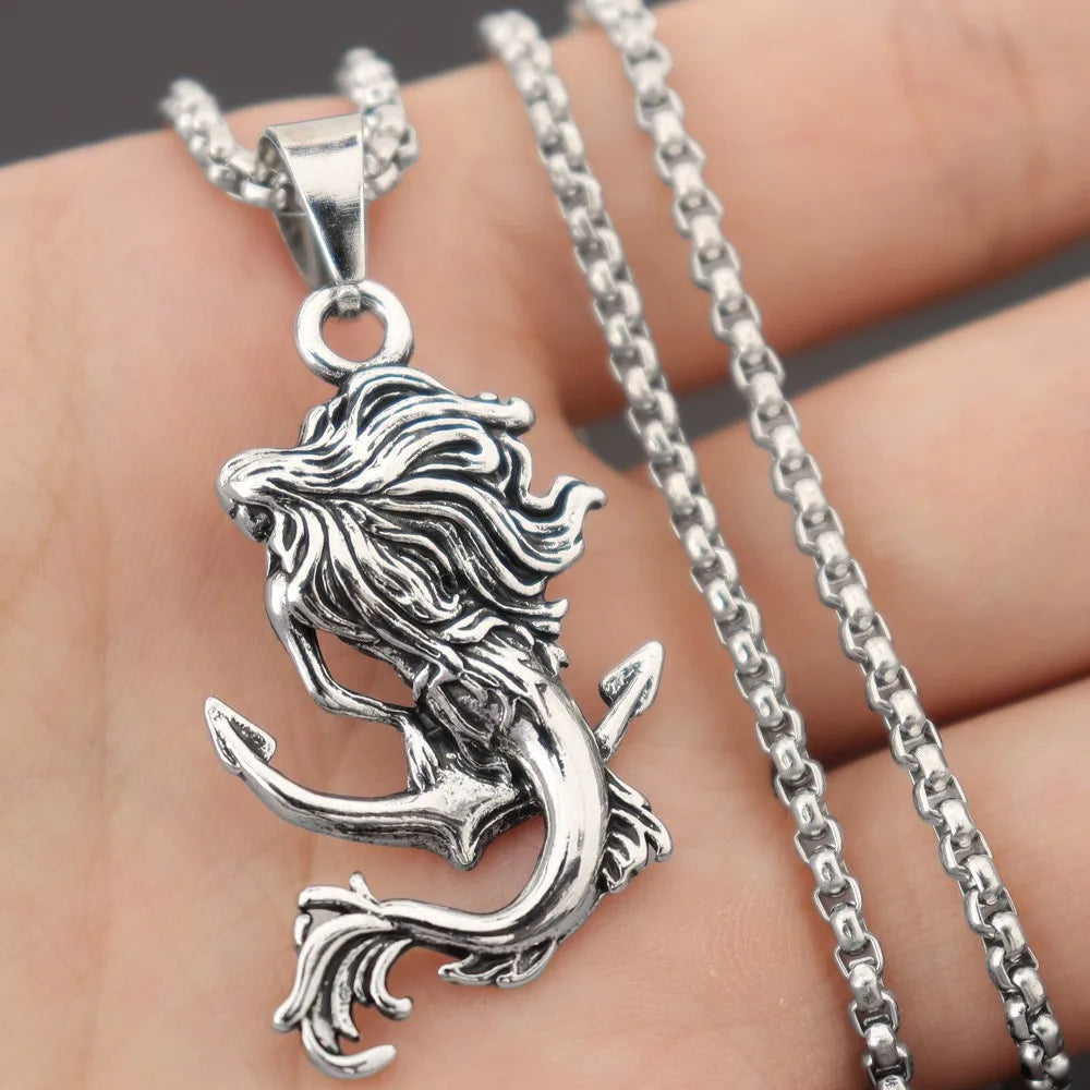New Vintage Mermaid Anchor Pendant Charm Men's Necklace Fashion Hip Hop Punk Jewelry Accessories Party Gift Wholesale