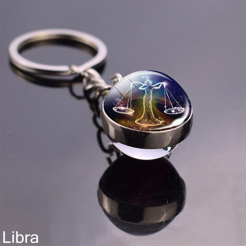 12 Zodiac Sign Keychain Sphere Ball Crystal Key Rings Scorpio Leo Aries Constellation Birthday Gift for Women and Mens Libra 1