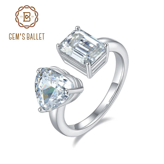 GEM'S BALLET Heart High Carbon Diamond Emerald Cut Moissanite Engagement Promise Rings in 925 Sterling Silver Toi Et Moie Ring