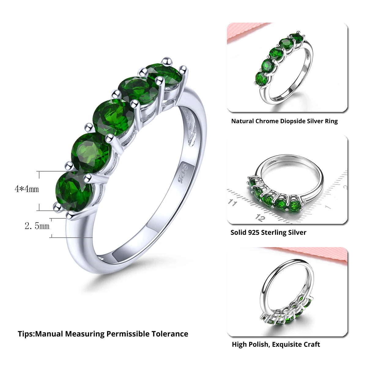 Natural Diopside Solid Silver Rings 1.4 Carats Genuine Green Gemstone Simple Classic Design Women's Ring Daily Fine Jewelrys