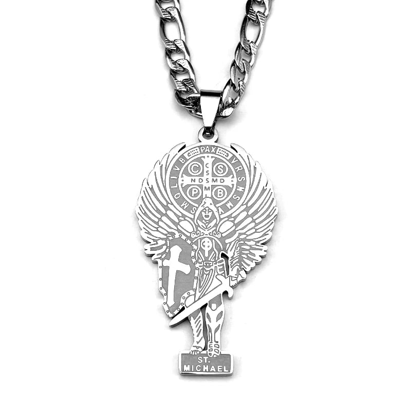 Archangel Saint Michael Stainless Steel Cross Necklace for Women Men Gold Color Benedict Pendant Necklaces Amulet Jewelry