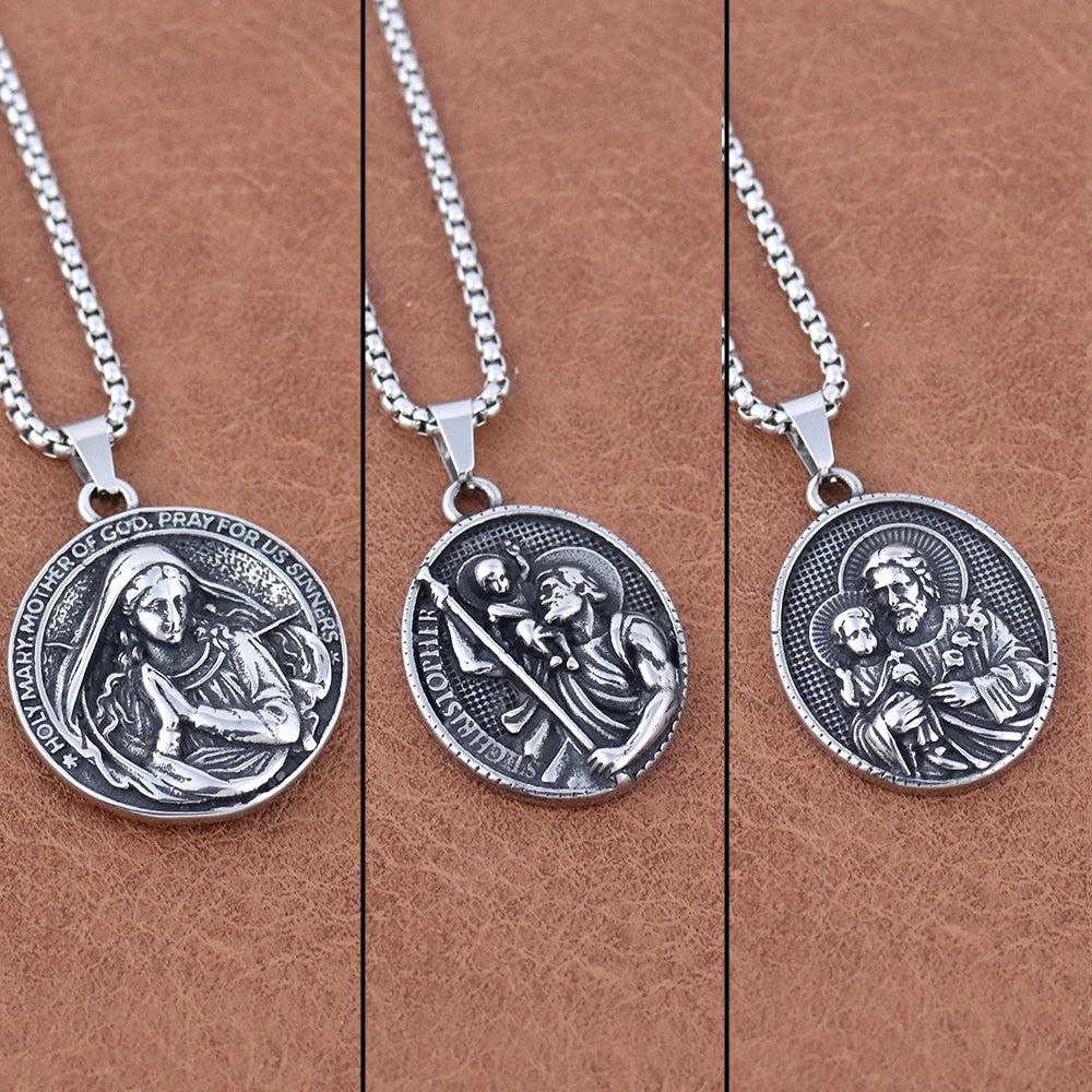 Fashion Virgin Mary Pendant Trendy Charm Stainless Steel Saint Christopher Pendant Vintage Thanksgiving Religious Jewelry Gifts