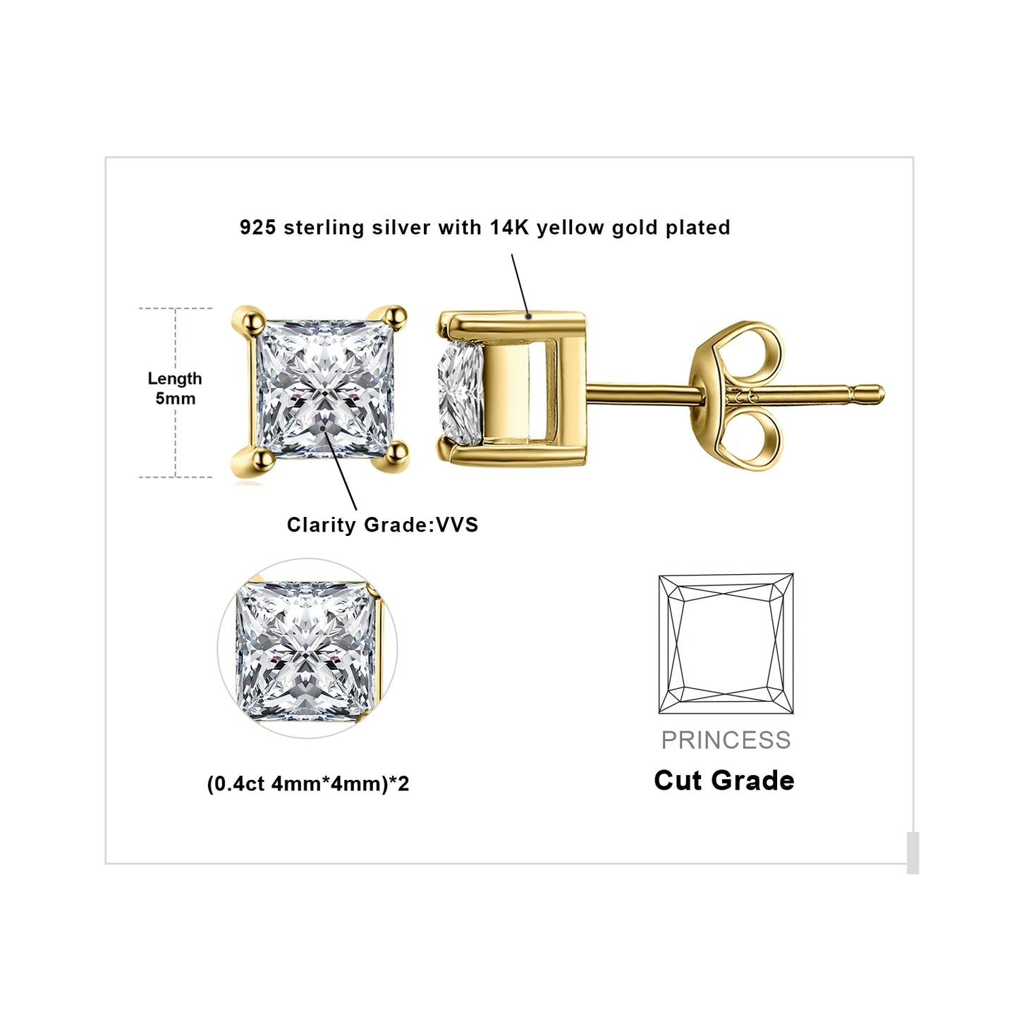 JewelryPalace Moissanite D Color Total 0.8ct Princess Cut S925 Sterling Silver Stud Earrings for Woman Yellow Rose Gold Plated Yellow Gold Plated CHINA