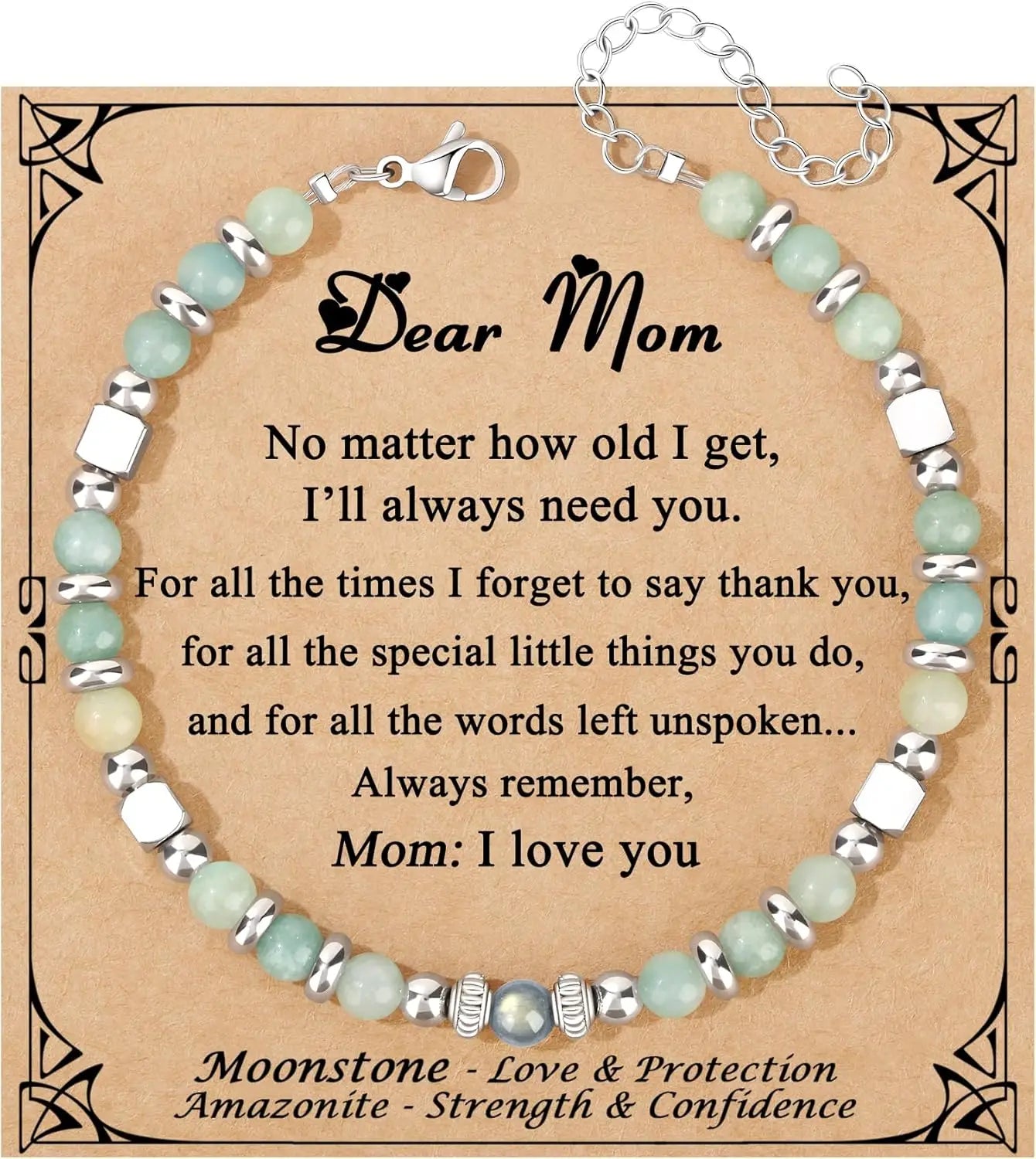 Mothers Day Bracelets gift,Birthday Valentines Gift Amazonite Colorful Imperial Jasper Stainless Steel Beads Bracelets,with card