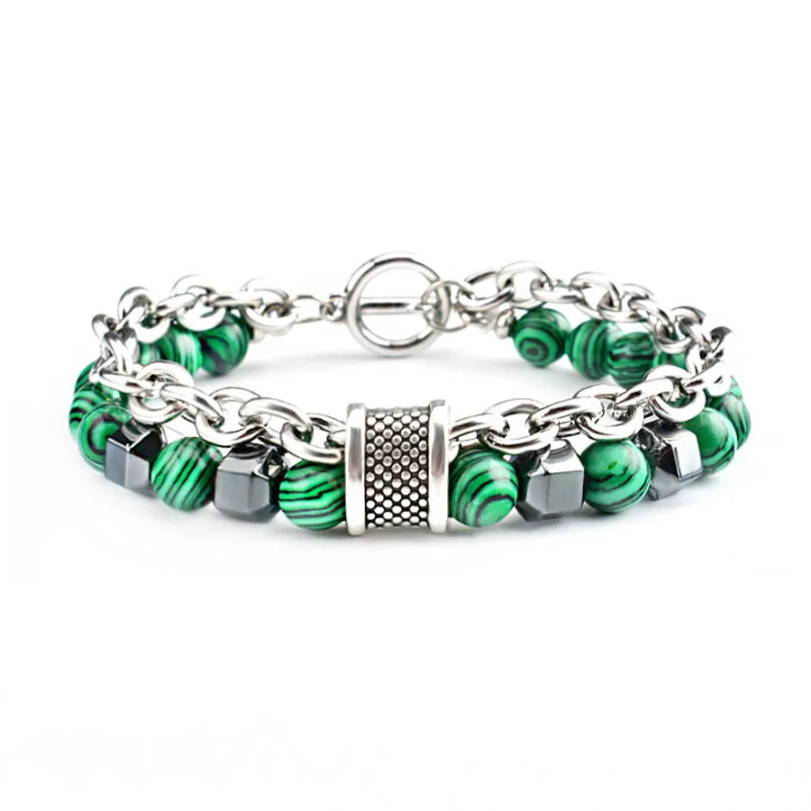 Elviragirl 1Pc Stainless Steel Chain Artificial Malachite Stone Men's Bead Bracelet Natural Stone Bracelet