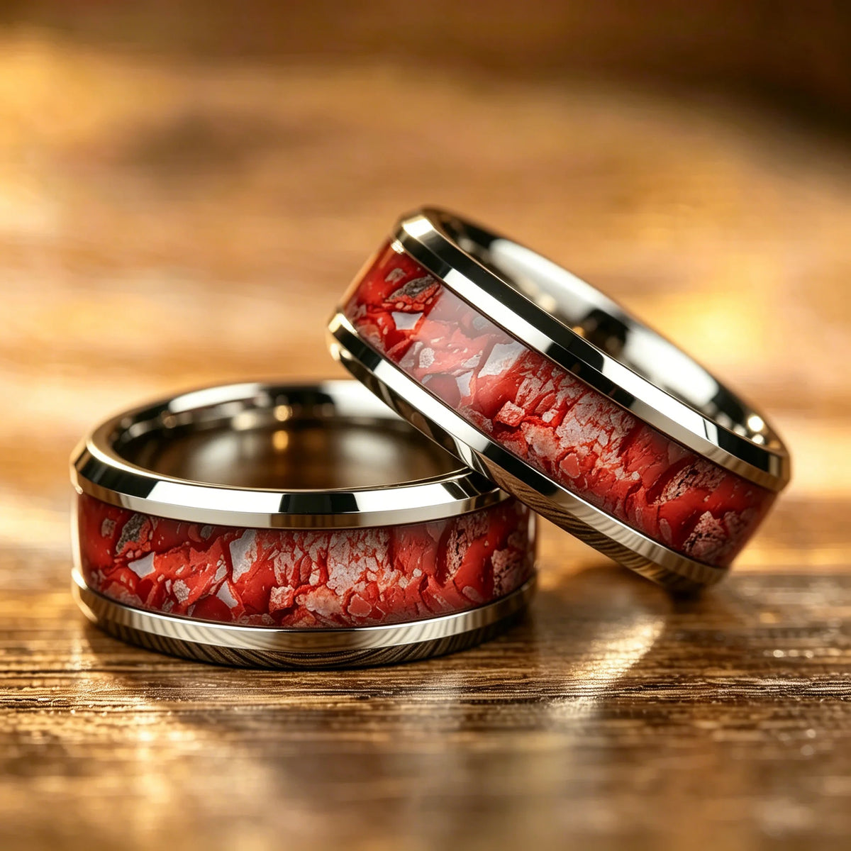 8mm Red White Stone Grain Stainless Steel Ring, Cool Promise Wedding Band for Men & Women, Comfort Fit, Wedding Band Jewelry