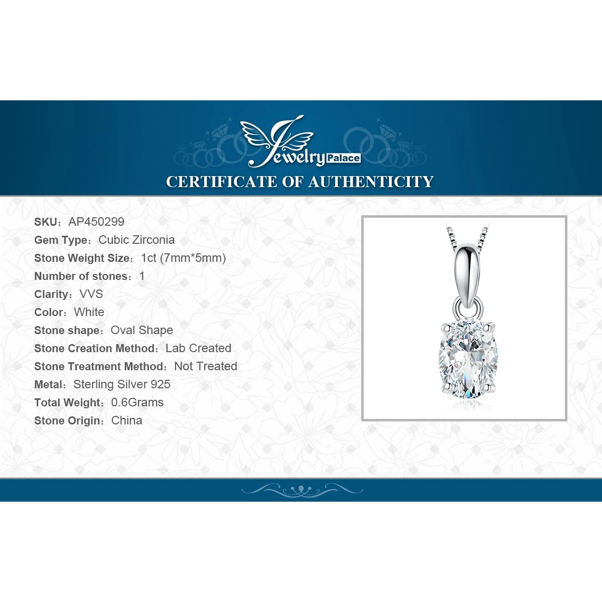 JewelryPalace Classic 1ct Oval CZ 925 Sterling Silver Pendant Necklace for Woman Lady Girl No Chain Fashion Trendy Fine Jewelry