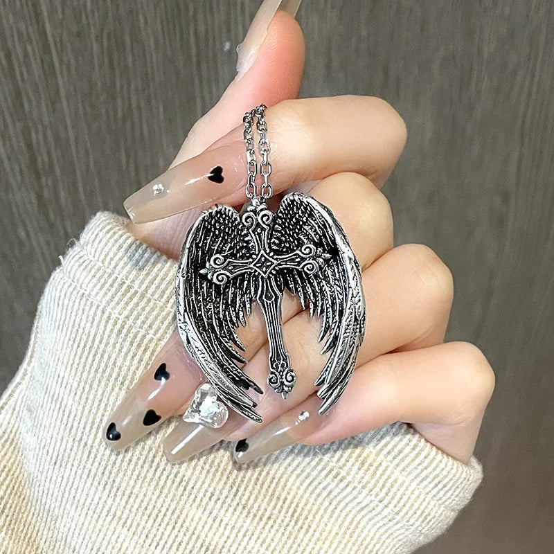 Vintage Angel Wings Cross Necklace For Women Men Trend Punk Feather Guard Pendant Sweater Chain 2024 New Jewelry Wholesale