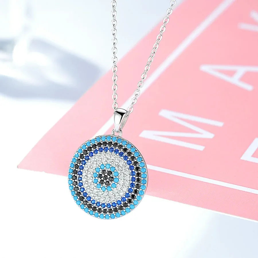 KALETINE 925 Sterling Silver Necklaces Turkish Big Blue Stone Evil Eye Round Pendant Women's Necklace Personalized Men Jewelry