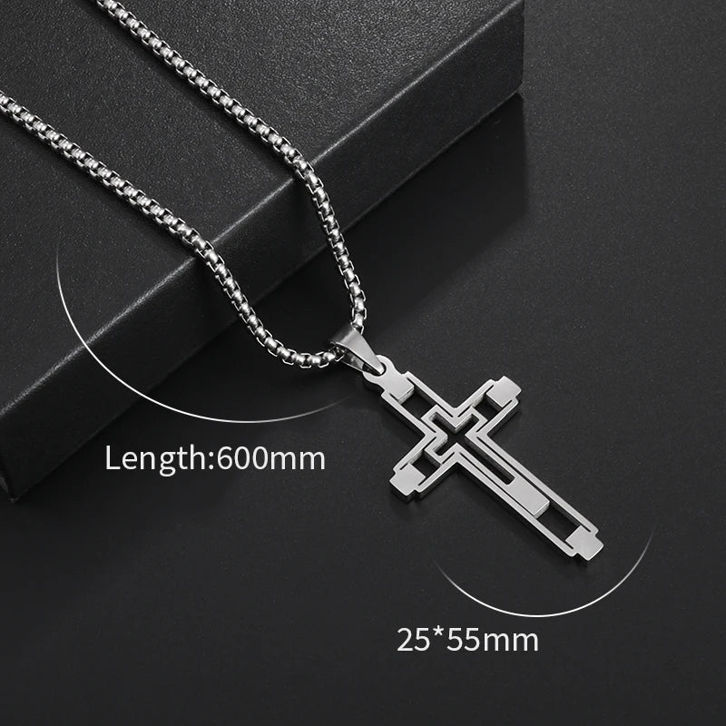 Fashion Creative Cutout Double Cross Stainless Steel Pendant Necklace for Men Classic Women Church Prayer Jewelry