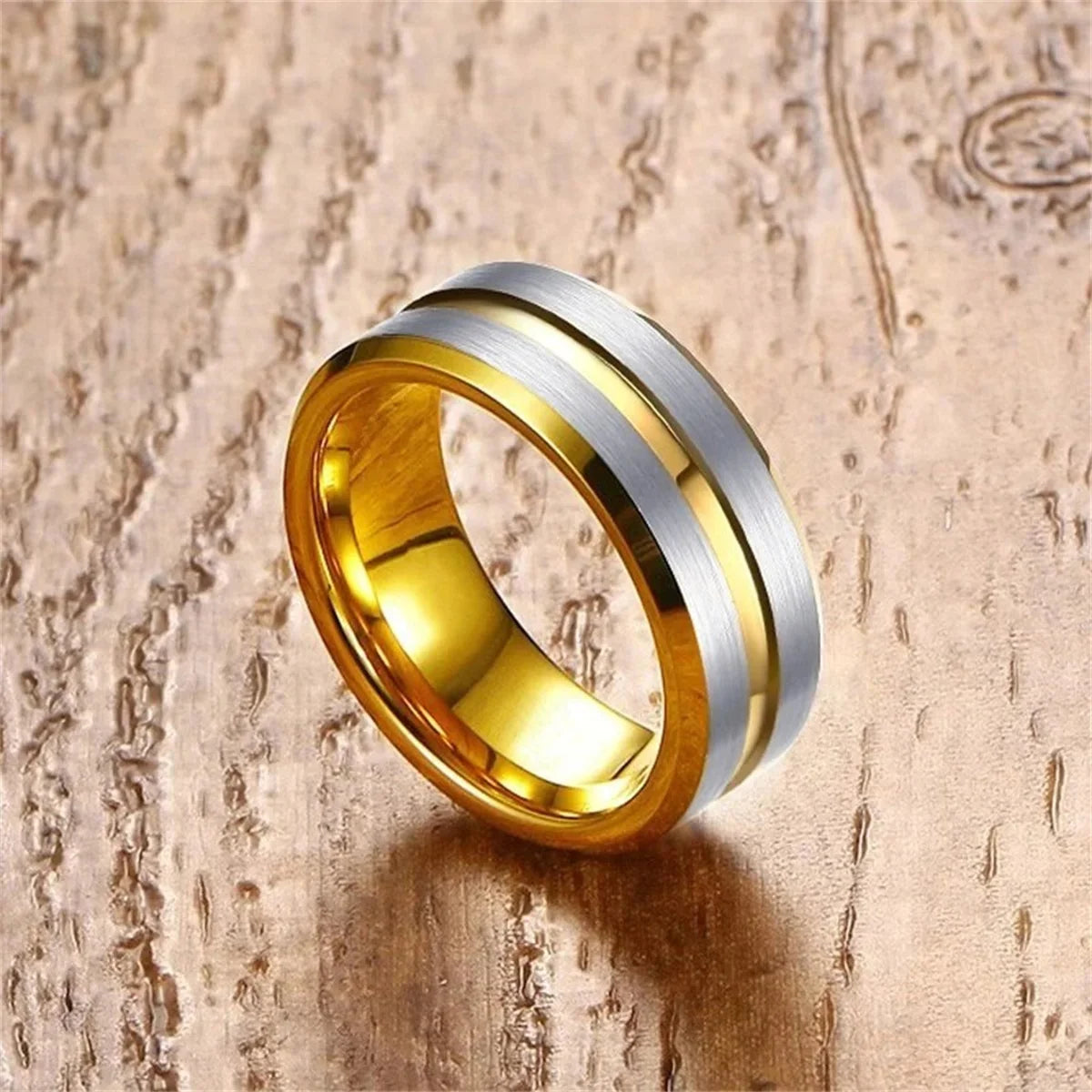 Fashion Gold Color Stainless Steel Rings For Men Silver Color Brushed Beveled Edge Engagement Rings Men Wedding Band Jewelry
