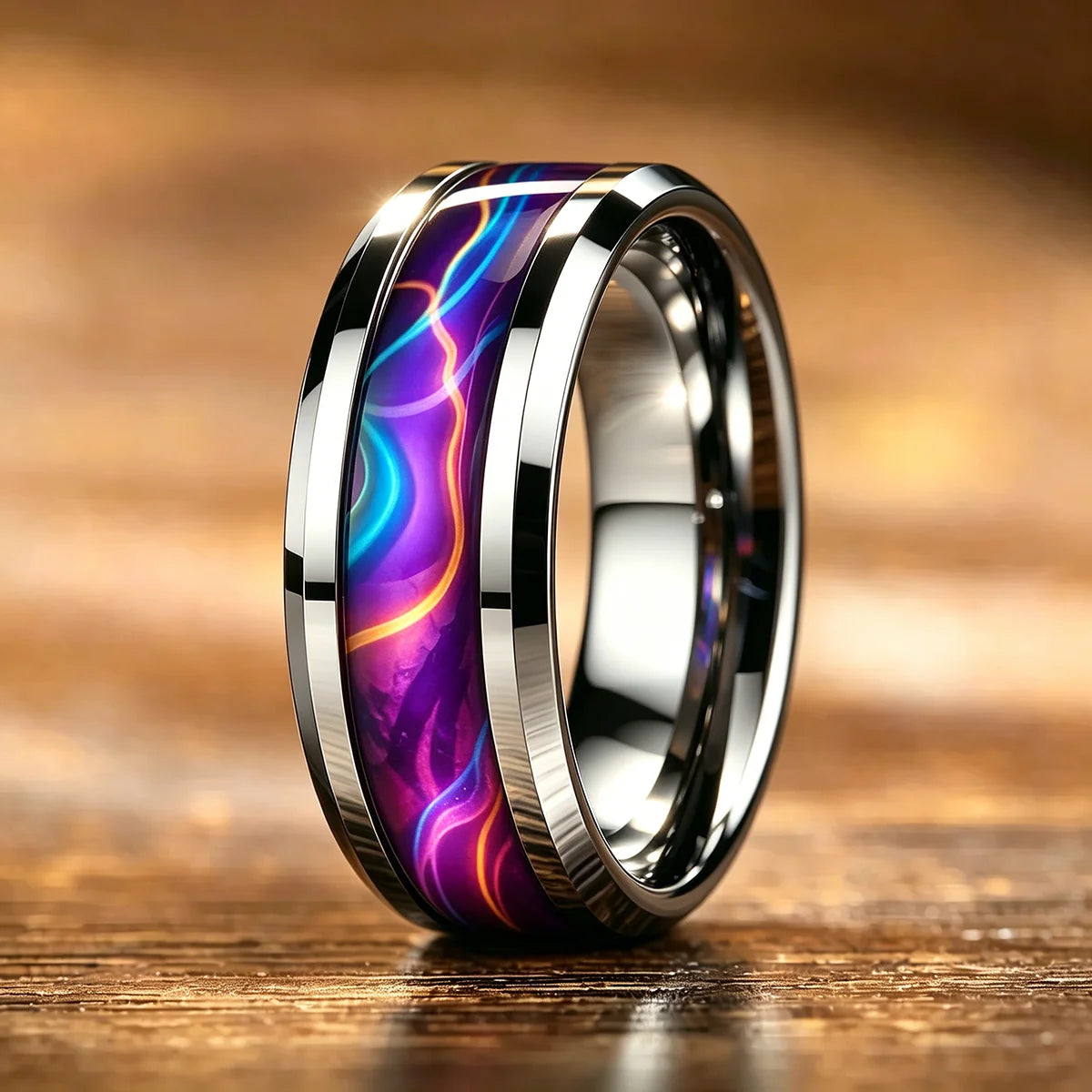 Fashion Men Stainless Steel Rings, With Purple-Blue Gradient Flame Pattern Inlay Rings for Men Wedding Bands Jewelry Drop Ship