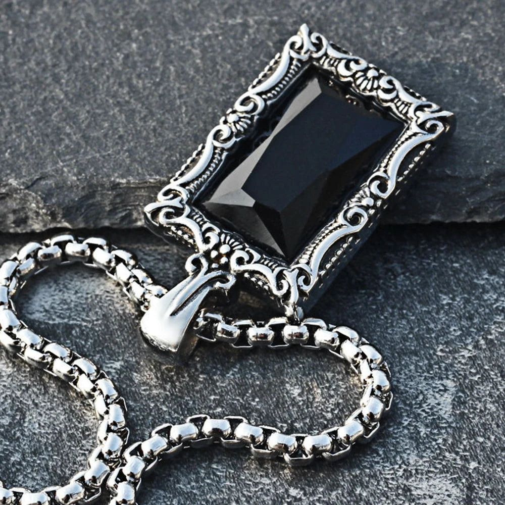 Fashion Popular Women Black Gemstone Necklaces Amulet Stainless Steel Classic Simple Party Pendant Chain Charm Jewelry