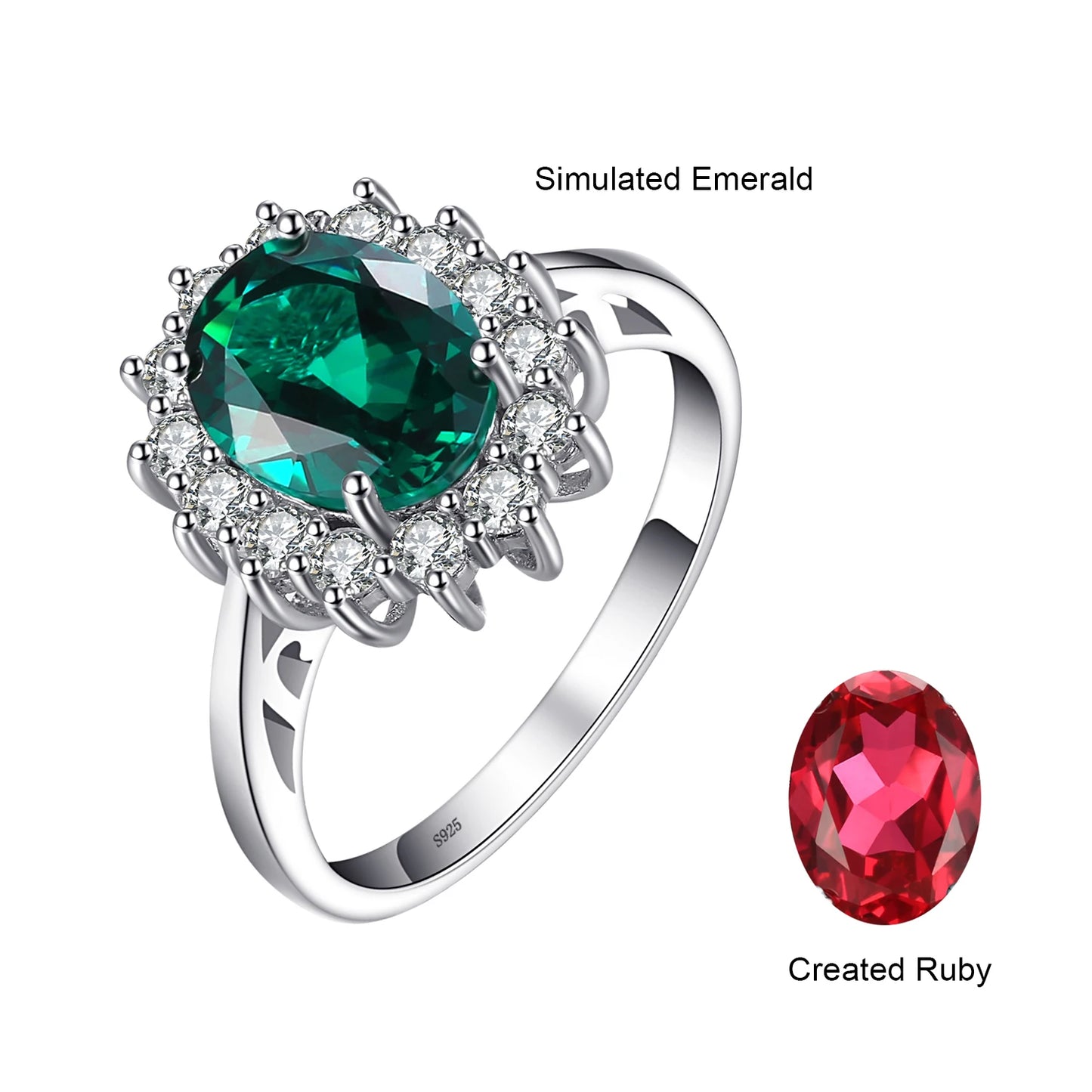 JewelryPalace Princess Diana Simulated Emerald Created Ruby 925 Sterling Silver Halo Ring for Women Yellow Gold Rose Gold Plated