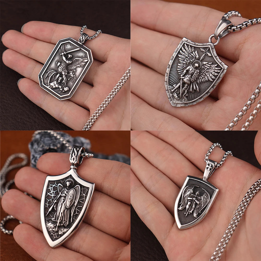 Stainless Steel St Michael Series Necklace Pendant for Men Women - Catholic Patron Saint Medal, Sacred Amulet Protection Gift